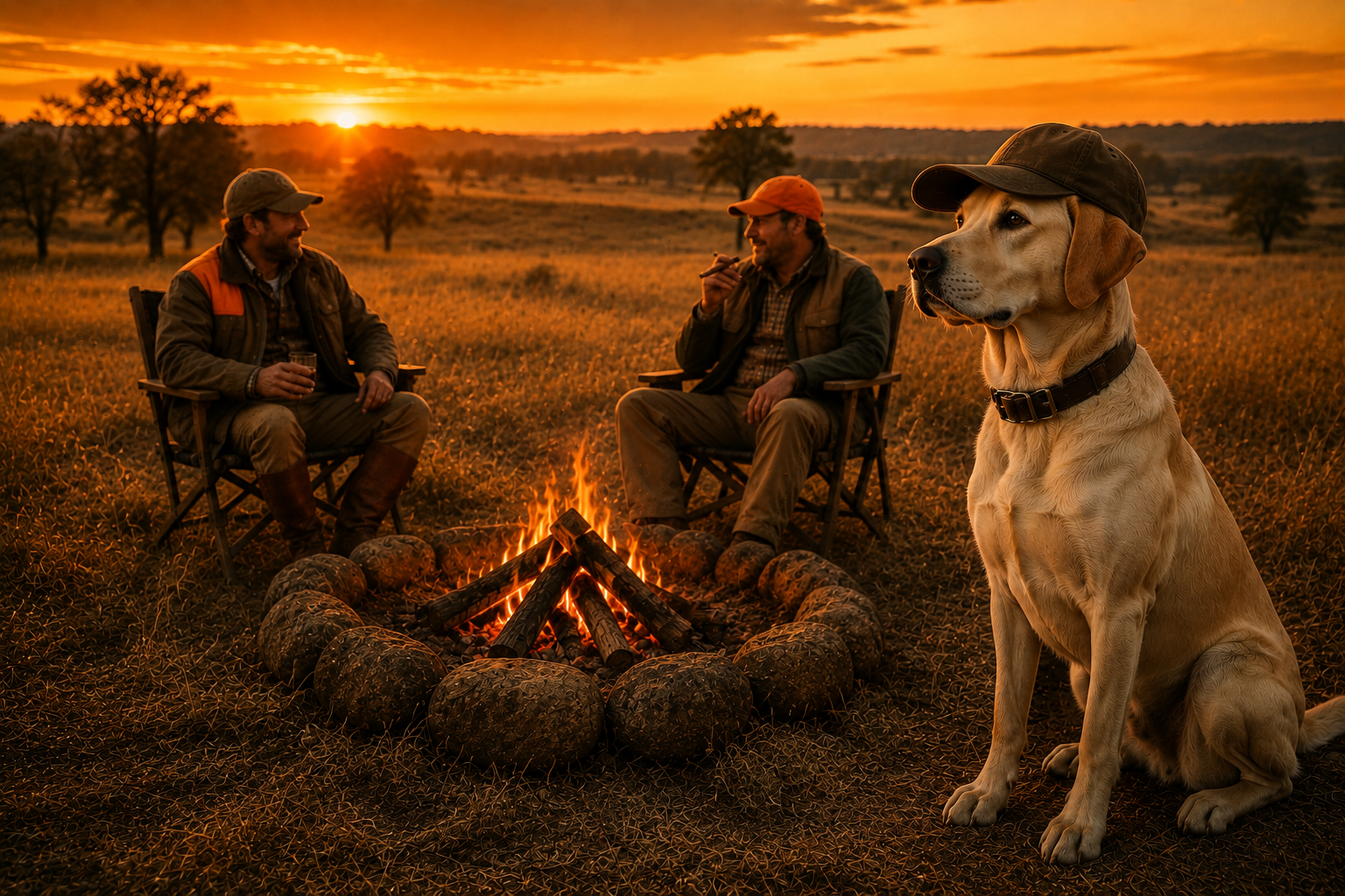 Two hunters sitting by a campfire at sunset with a yellow lab in a waxed cap beside them