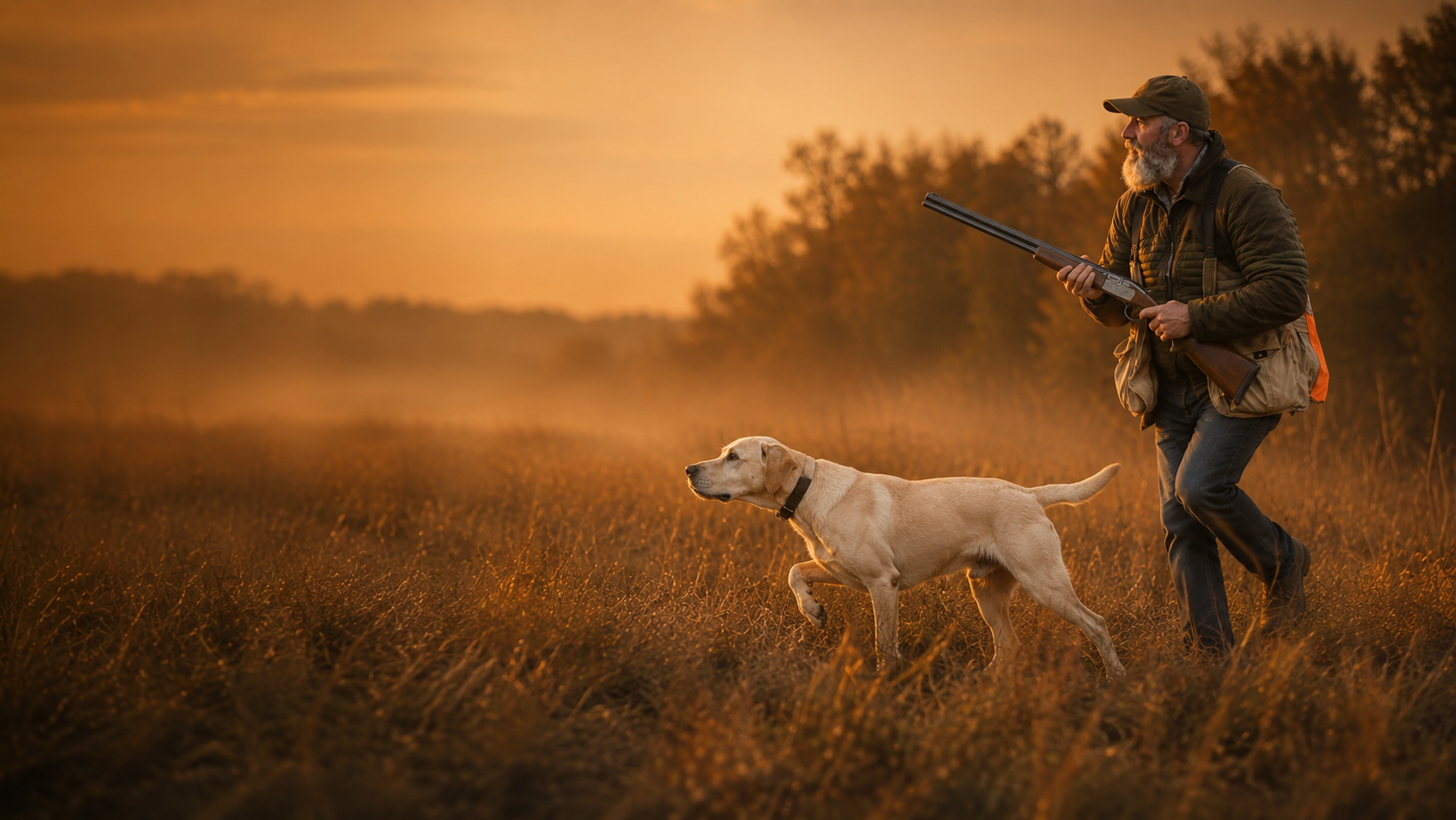 A hunter walking out at sunset with his yellow lab quartering ahead of him